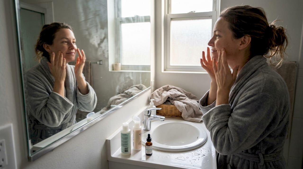 Woman applying serum in small bright bathroom