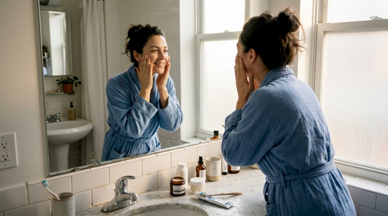 Woman applying skincare in sunlit bathroom