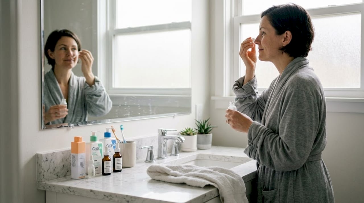 Woman applying skincare in sunlit bathroom