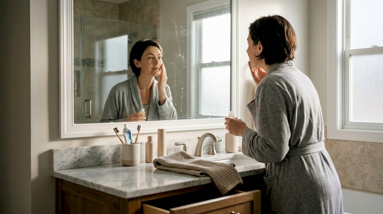Woman applying serum in morning bathroom routine
