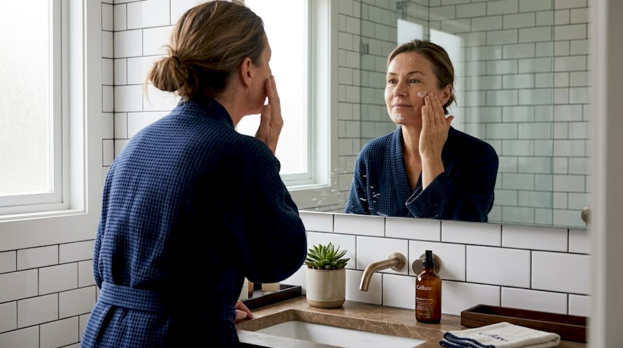 Woman applying moisturizer at bathroom mirror