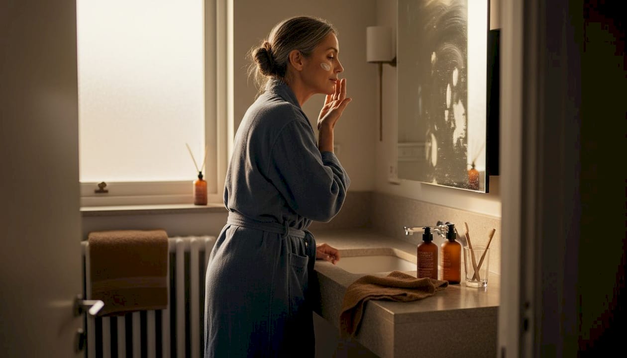 Woman applying gentle skincare in home bathroom