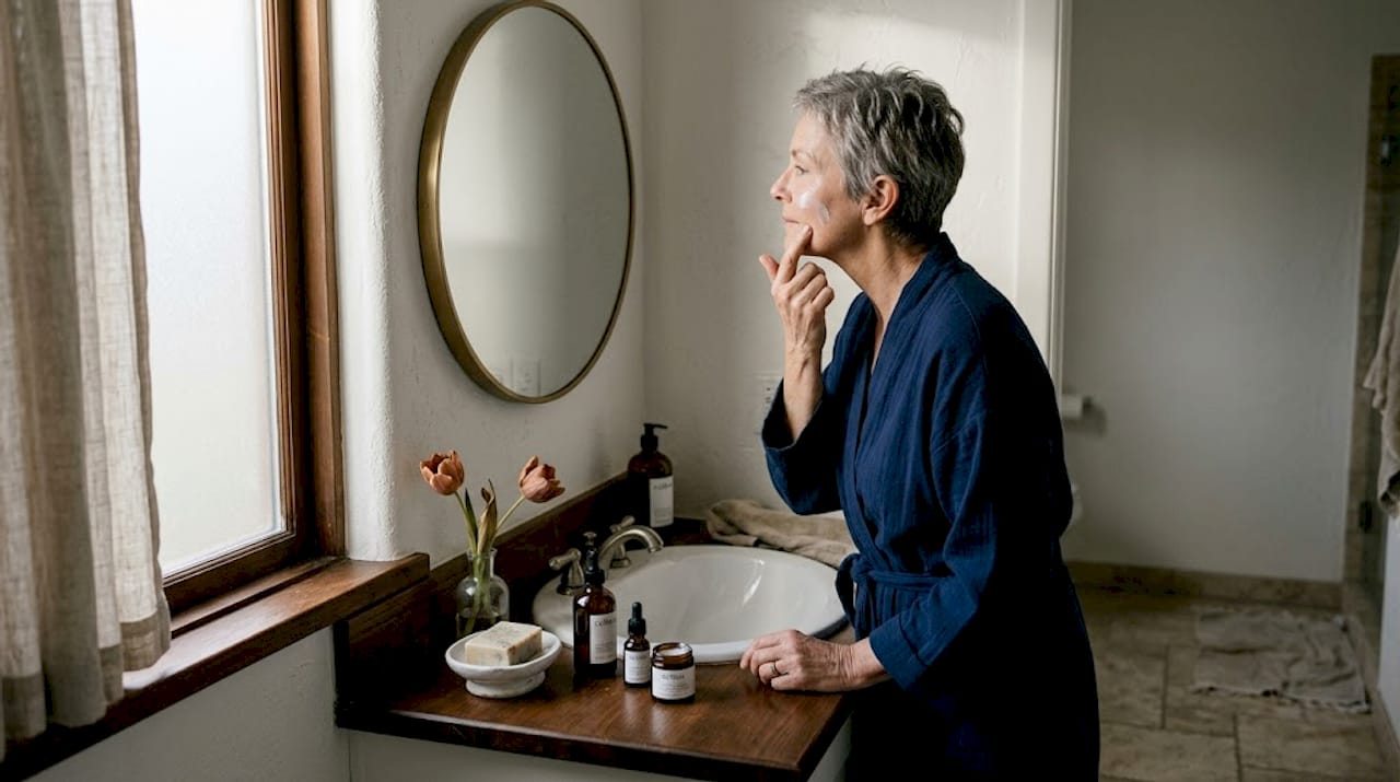 Older woman applying moisturizer in softly lit bathroom