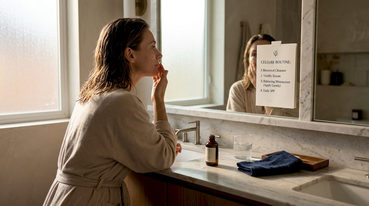 Woman applying skincare in morning bathroom routine