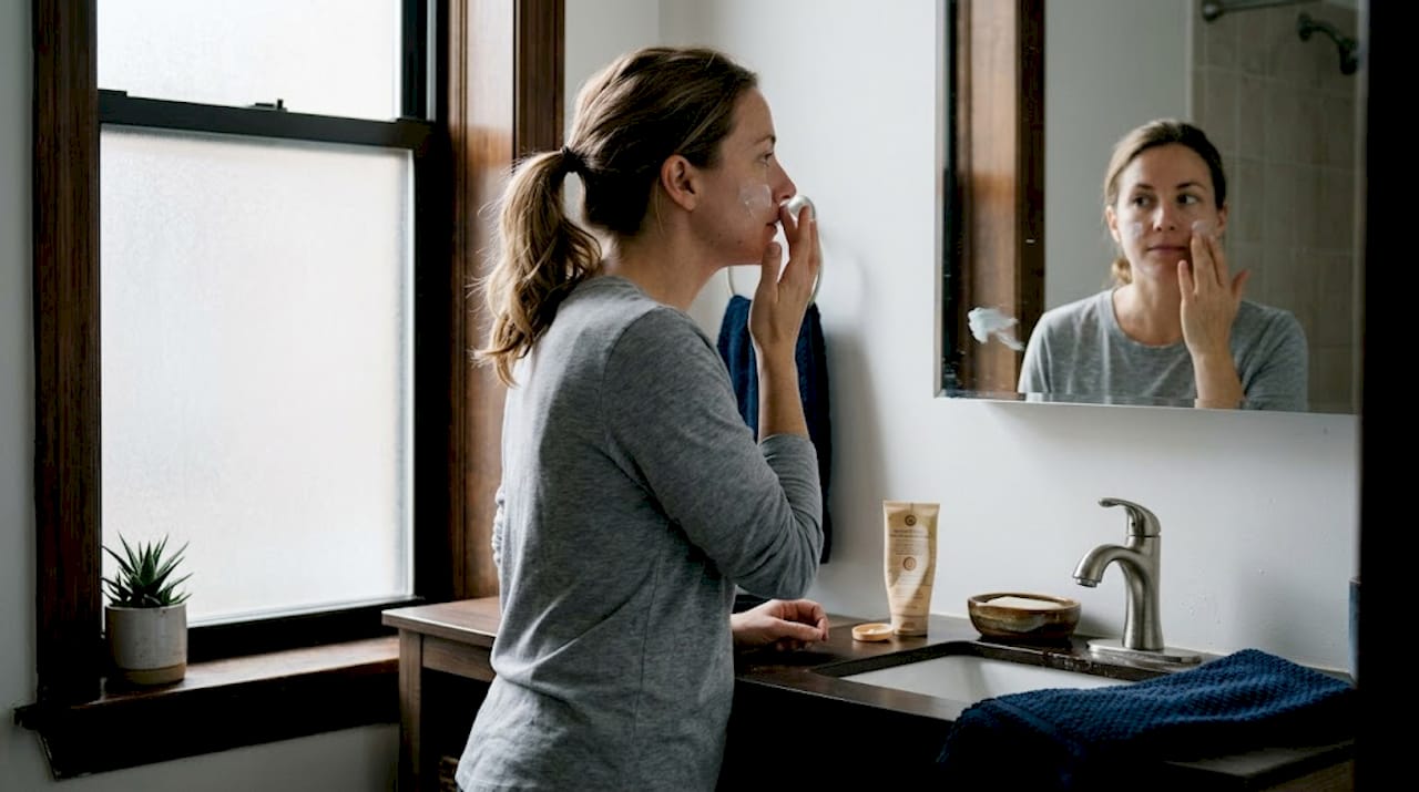 Woman applying morning skincare at bathroom sink