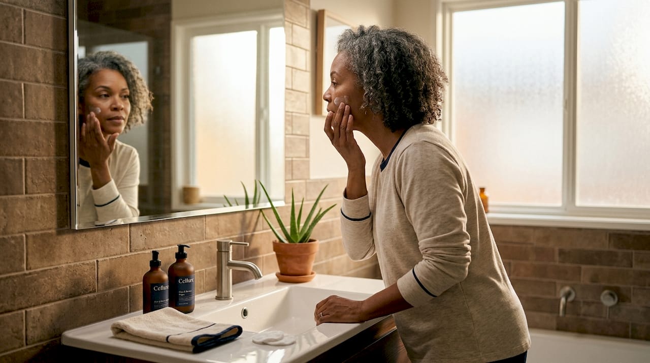 Woman applying skincare in morning bathroom