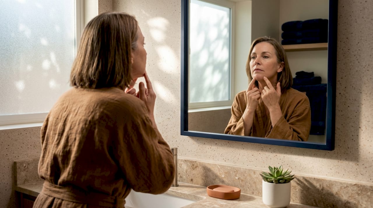 Middle-aged woman examining facial skin in bathroom