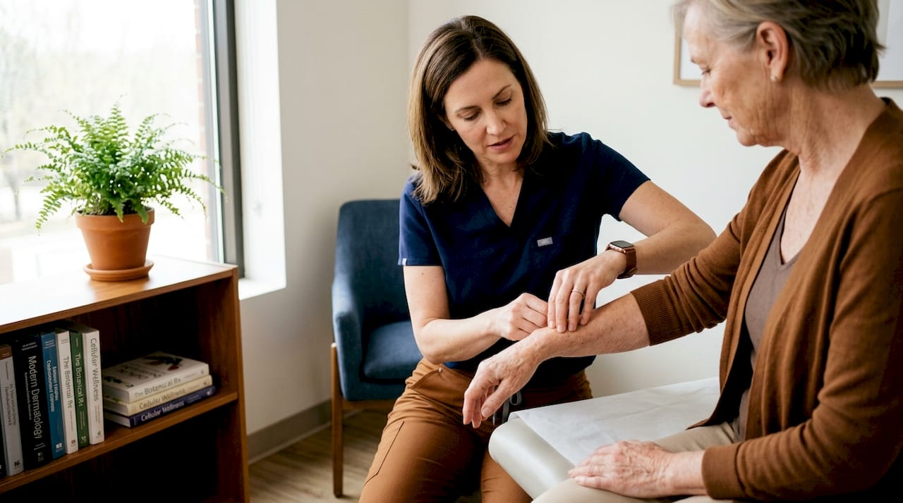 Dermatologist examining mature skin in clinic
