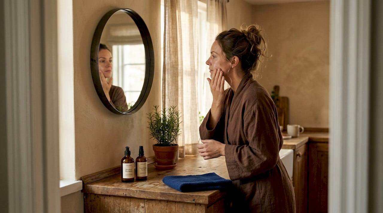 Woman applying skincare in morning bathroom routine