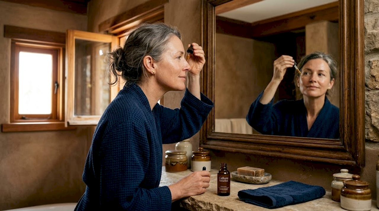 Woman applying serum at bathroom vanity