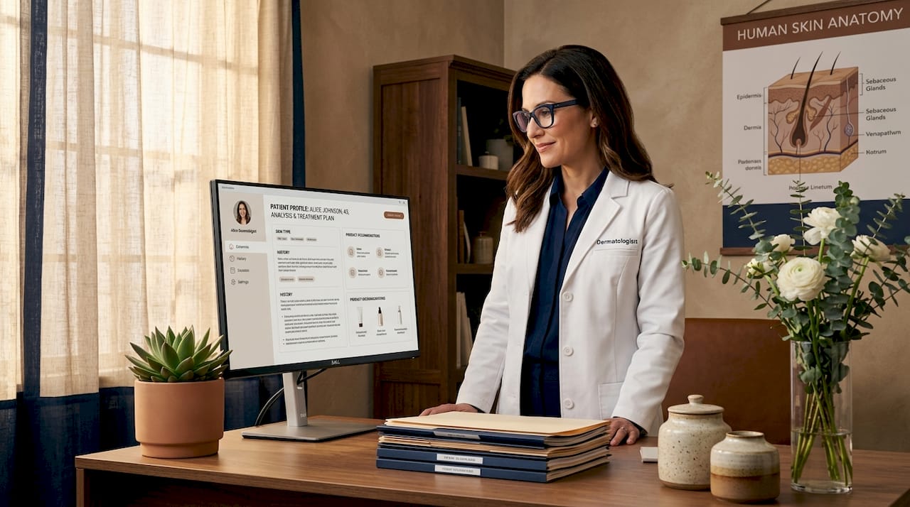 Dermatologist reviewing patient skincare chart