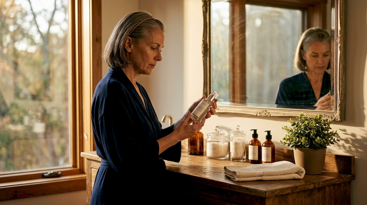 Woman reading skincare label at bathroom vanity