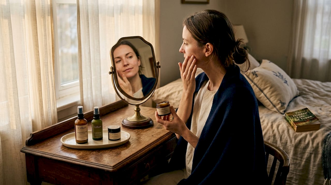Woman applying skincare at sunlit vanity