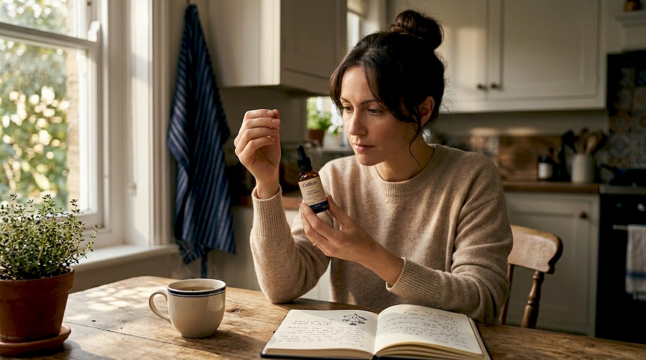 Woman closely reading a serum bottle label