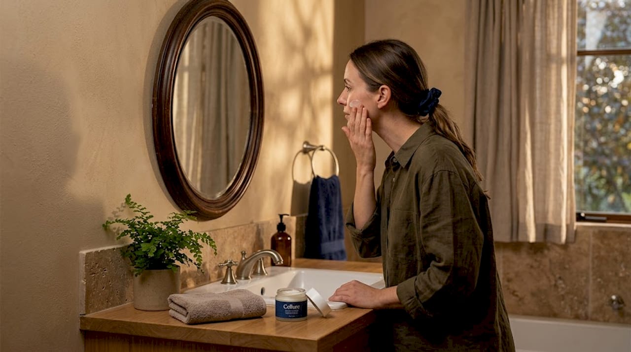 Woman applies skincare in sunlit home bathroom