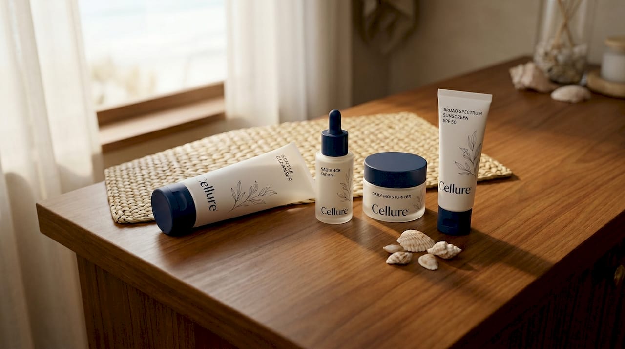 Skincare kit items on marble countertop