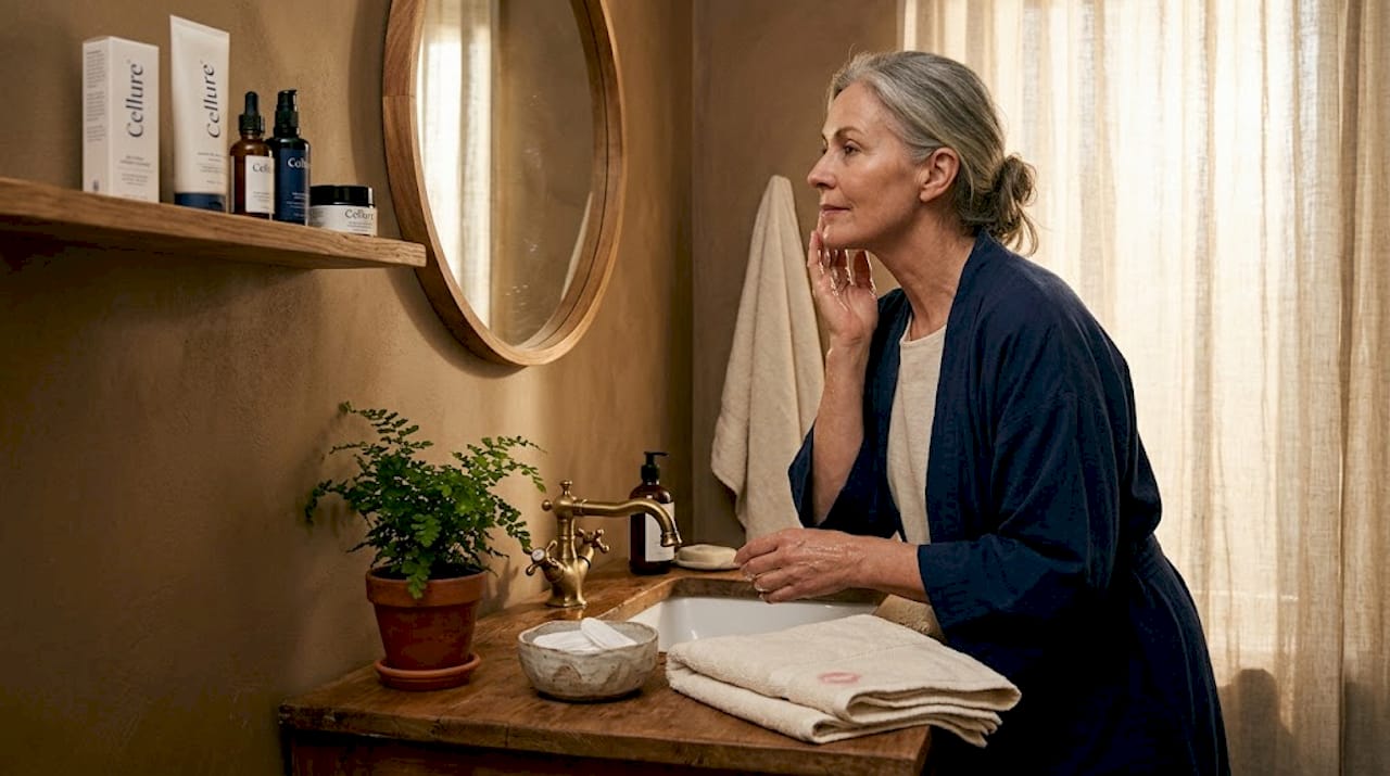Older woman examining skin in home bathroom