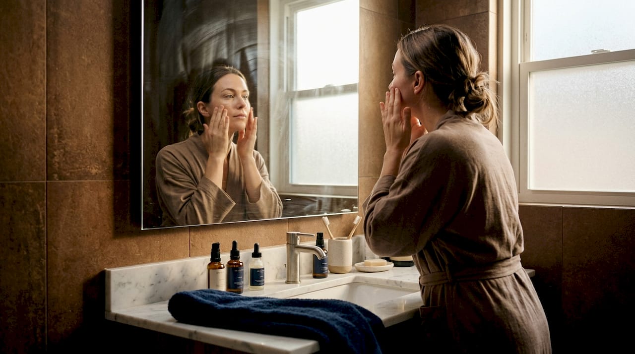 Woman applying skincare serum in bathroom