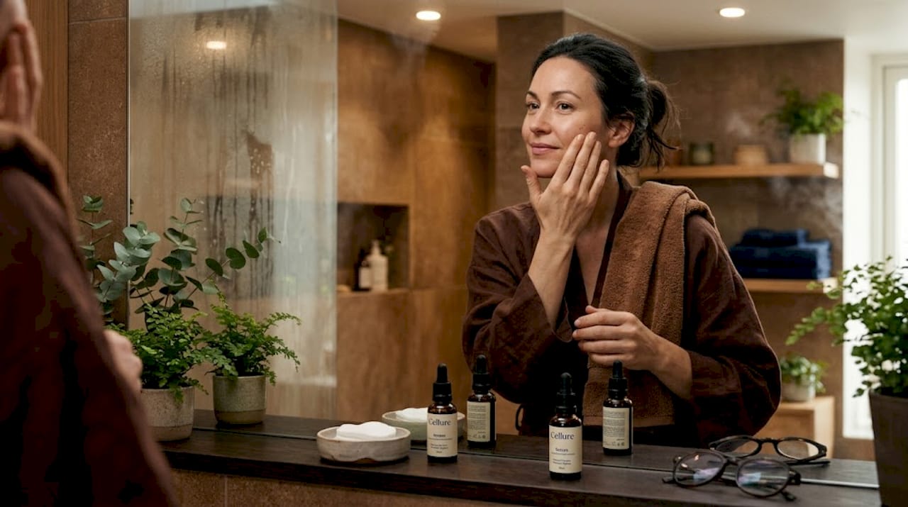 Woman applying skincare serums at mirror
