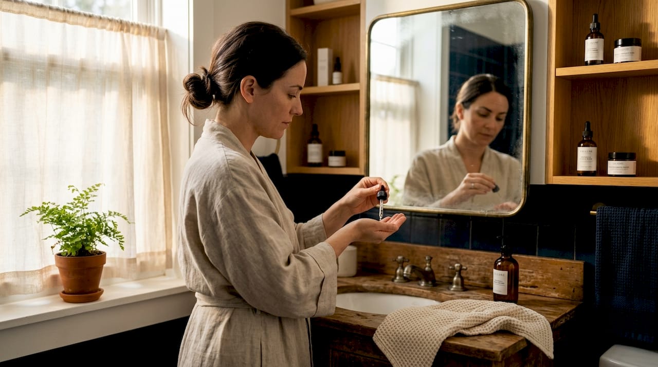 Woman applying skincare serum in bright bathroom