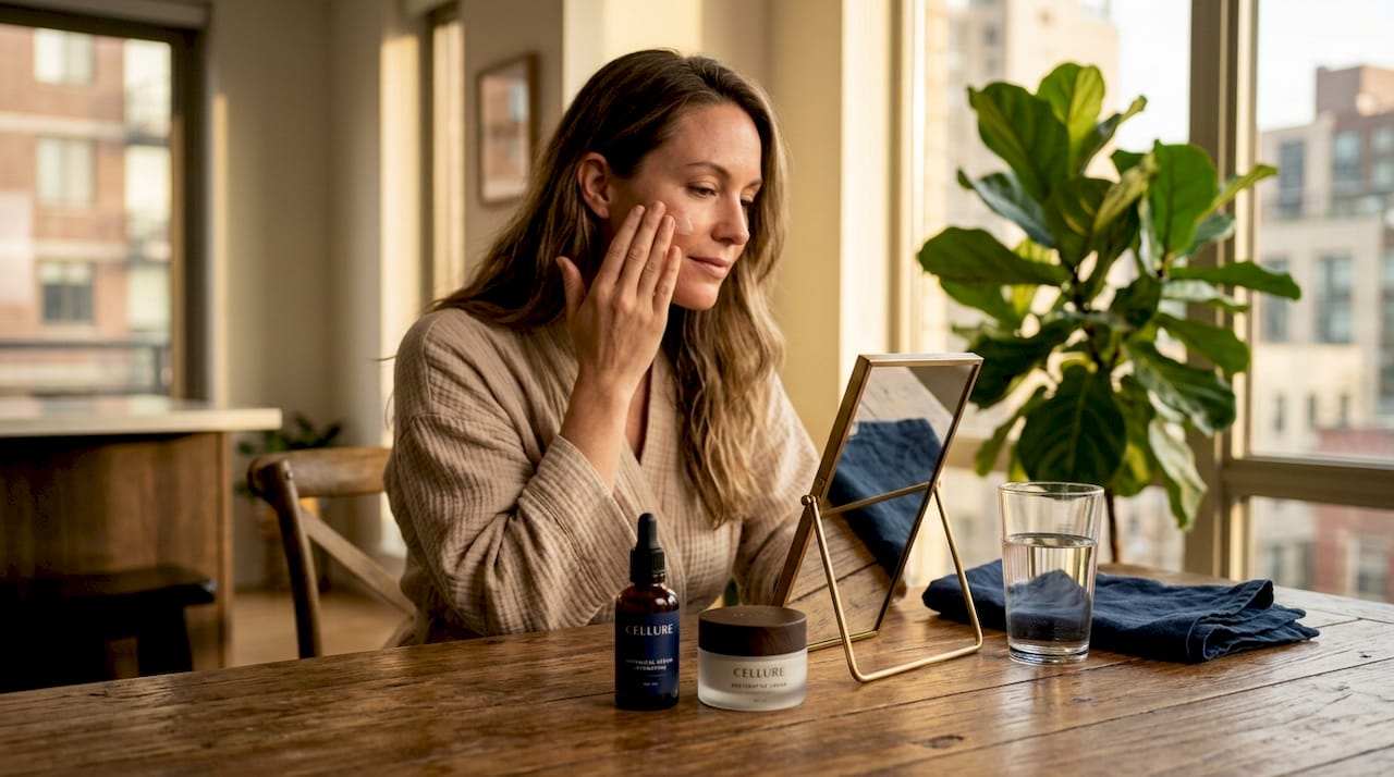 Woman applying cosmeceutical skincare at kitchen table