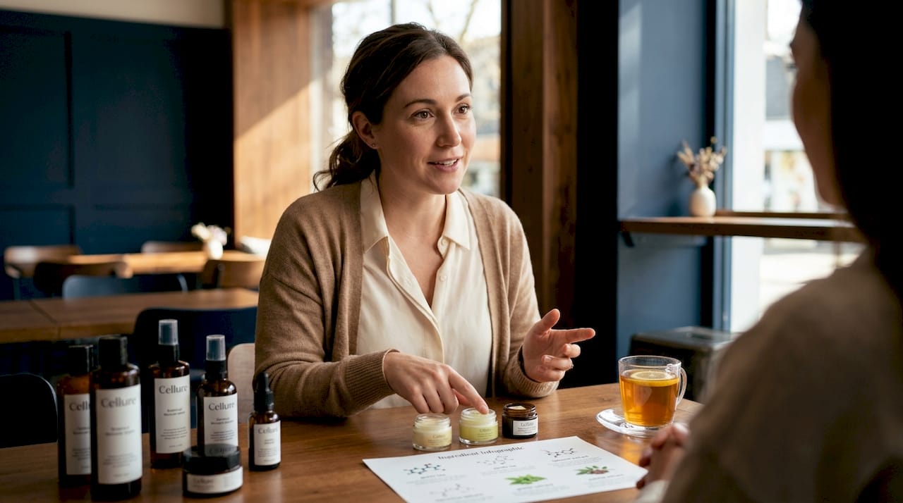 Skincare consultant explaining gentle formulations