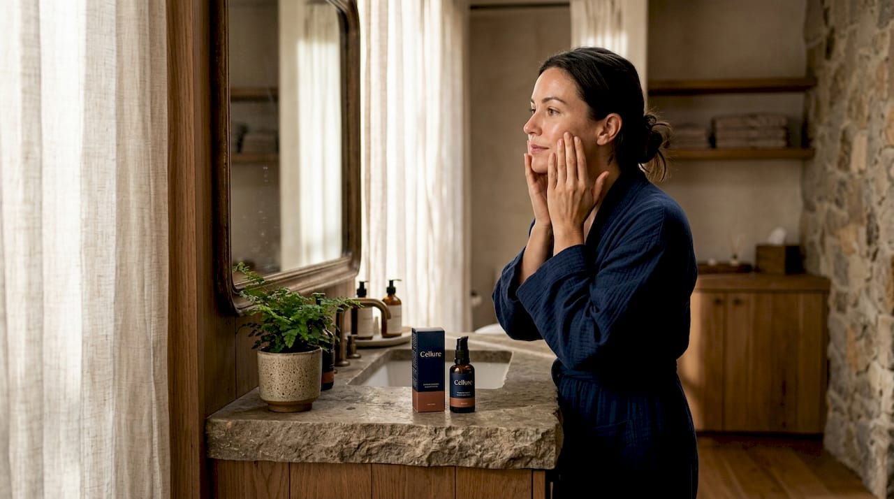 Woman applying serum to face in bathroom
