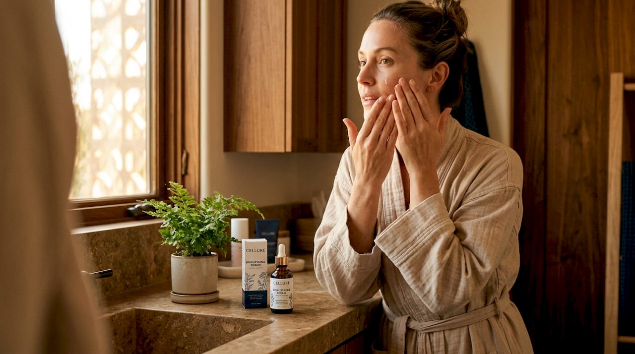 Woman applying brightening serum in bathroom