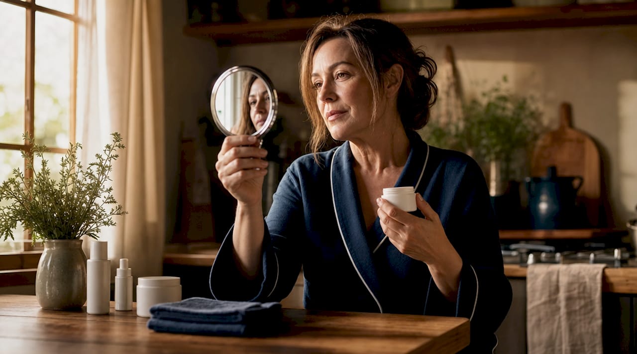 Woman checking skin in mirror with skincare products