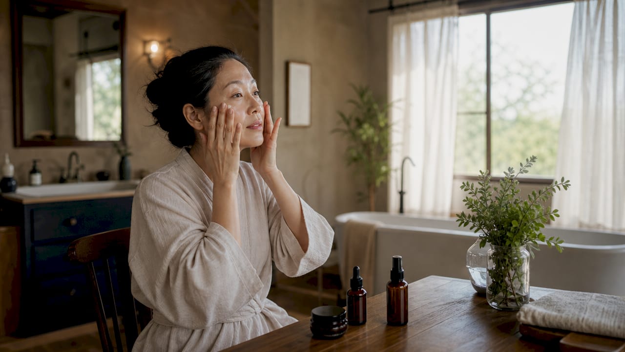 Woman applying anti-aging serum at home vanity