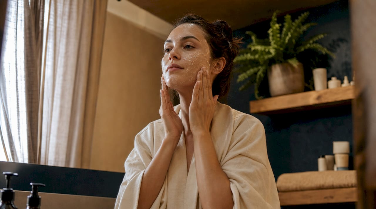 Woman applying exfoliating cream in bathroom