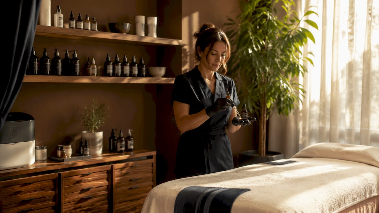 Skincare specialist applying bioactive serum in clinic