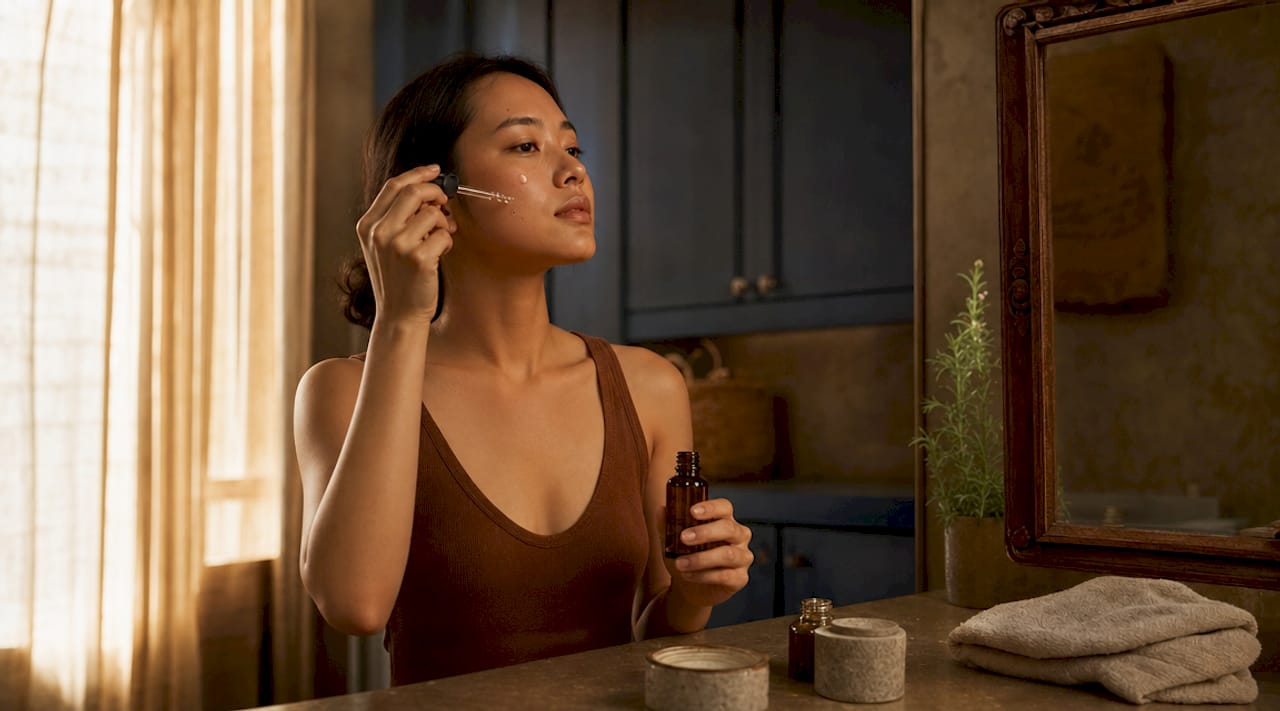 Woman applying skincare serum in bathroom mirror