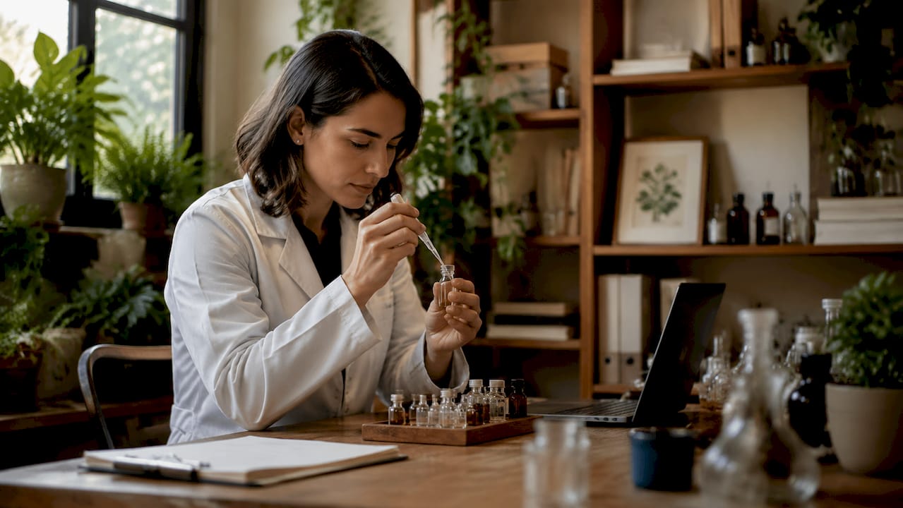 Scientist preparing skin brightening serum in lab