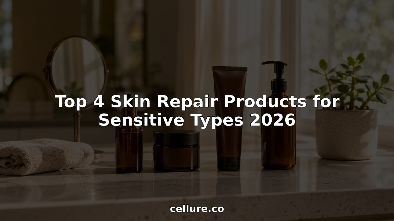 Close-up of skin repair products on bathroom vanity