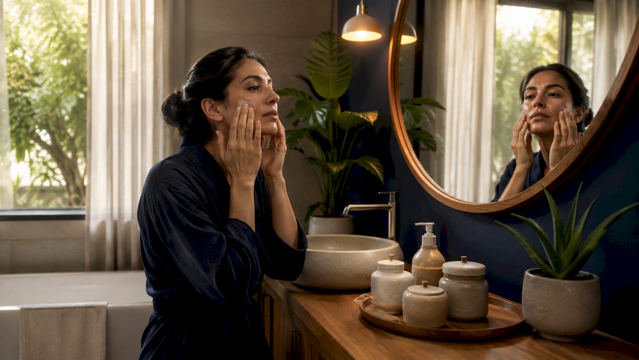 Woman applying moisturizer in bedroom