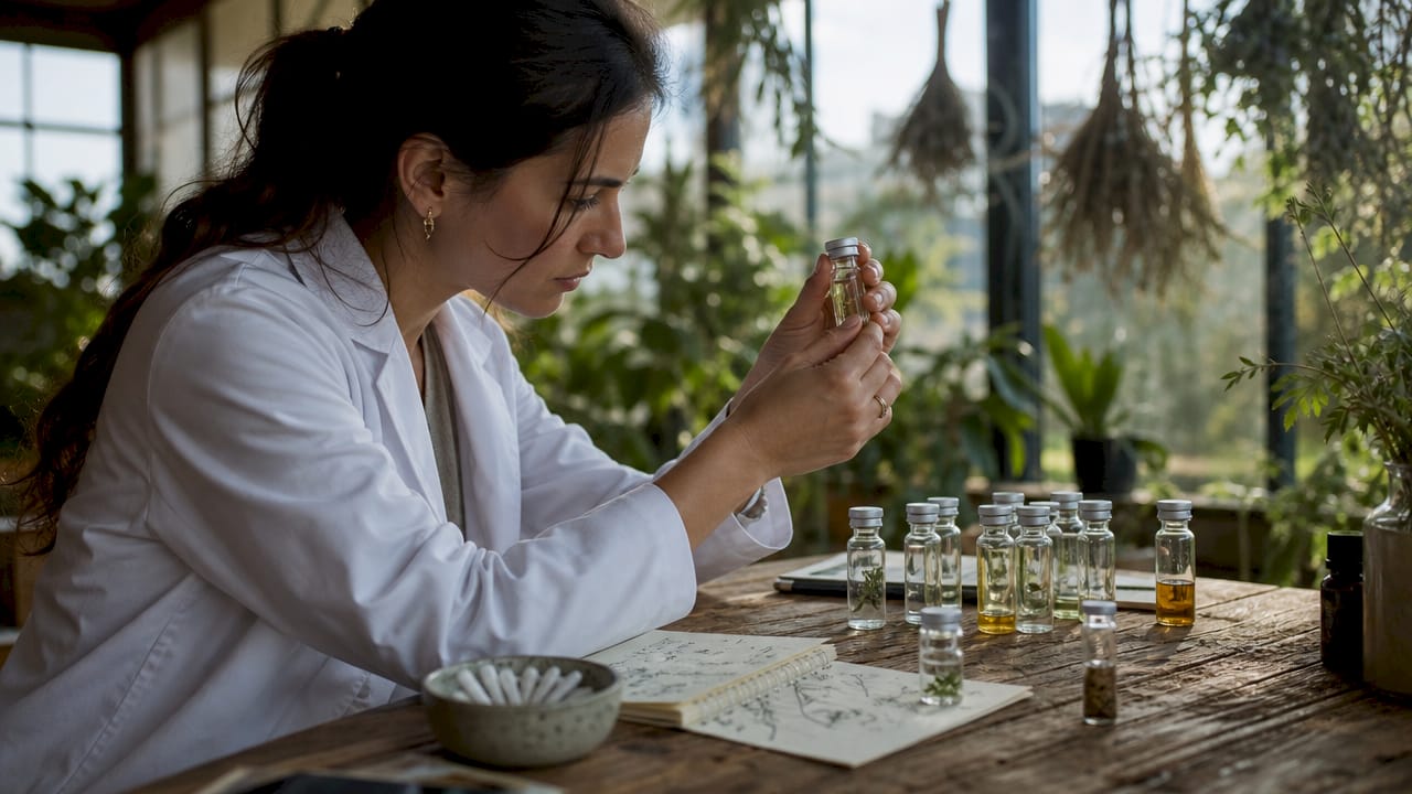 Dermatologist examining bioactive compounds in lab
