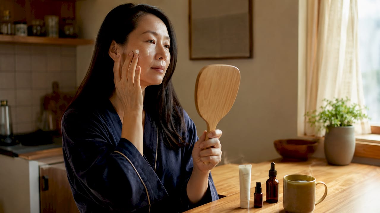 Woman applying retinoid cream in bathroom mirror