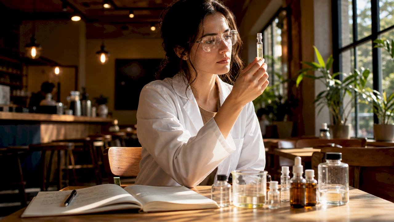 Scientist examining skincare serum in lab