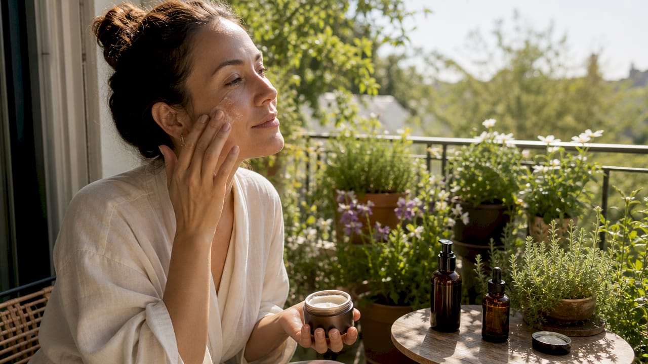 Woman applying anti-aging cream at vanity