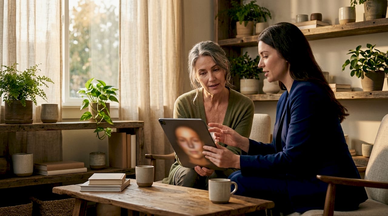 Woman consulting dermatologist about skin volumizing