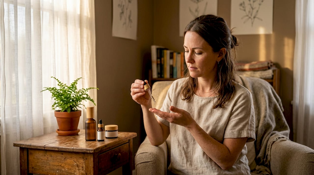 Woman applying skin strengthening serum at vanity