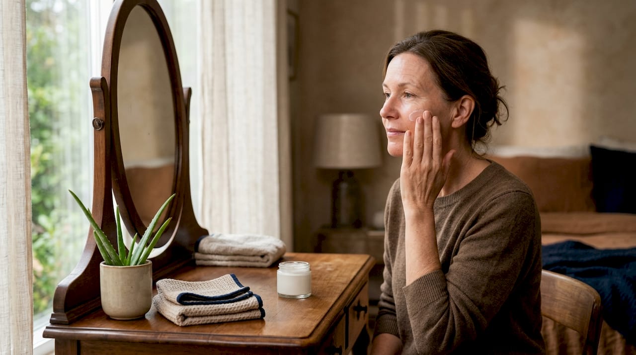Woman applying skin calming moisturizer at home