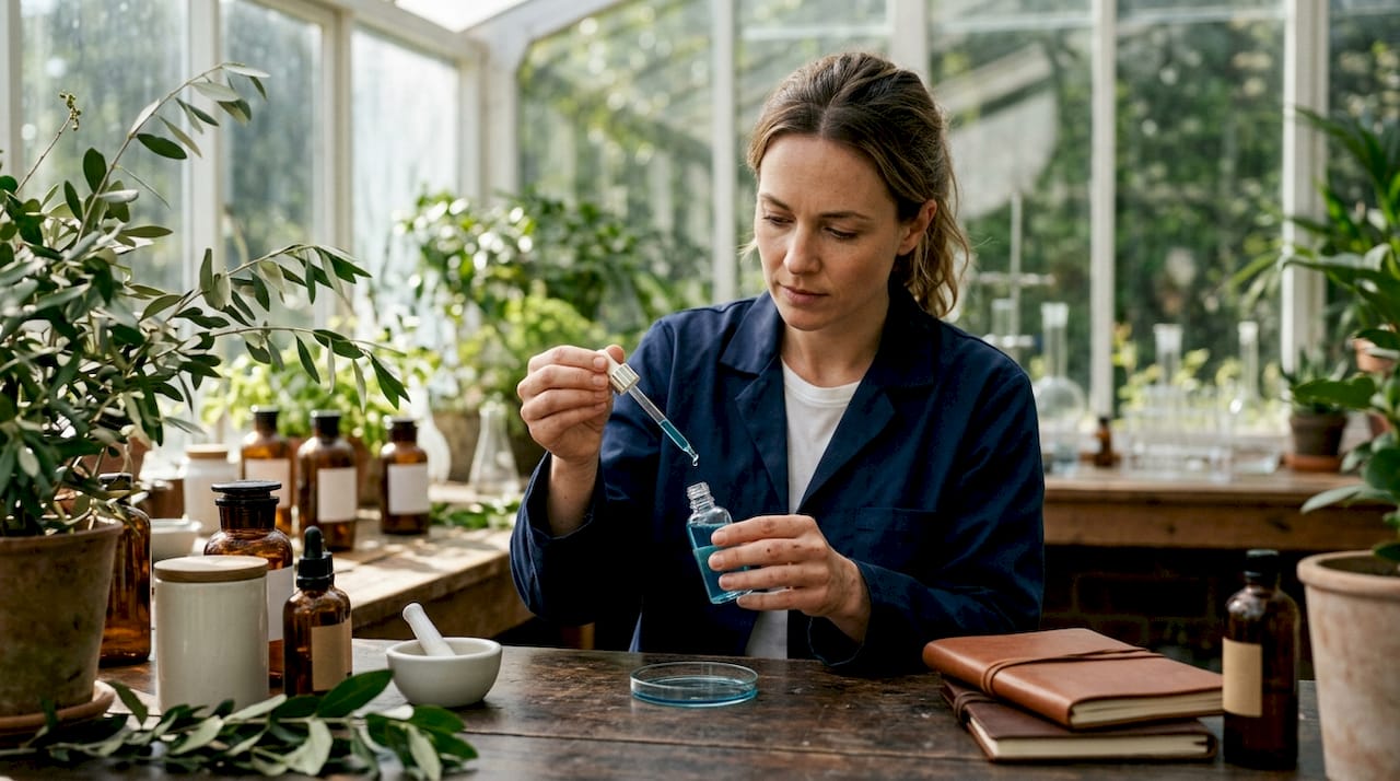 Scientist dispensing copper peptide serum in lab