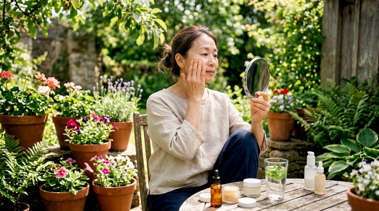 Woman applying sunscreen in bathroom