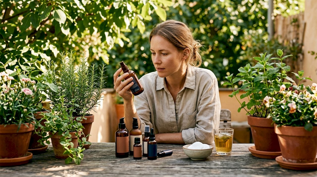 Woman examining skincare product ingredients