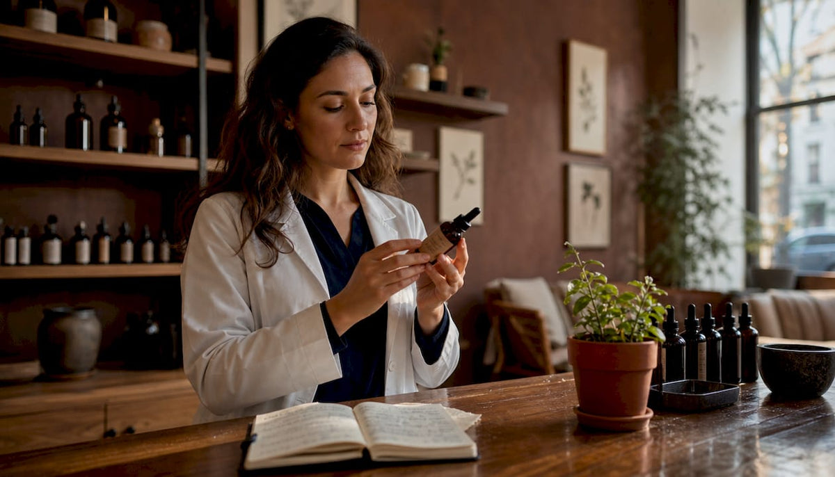 Skincare professional holding daily serum in clinic