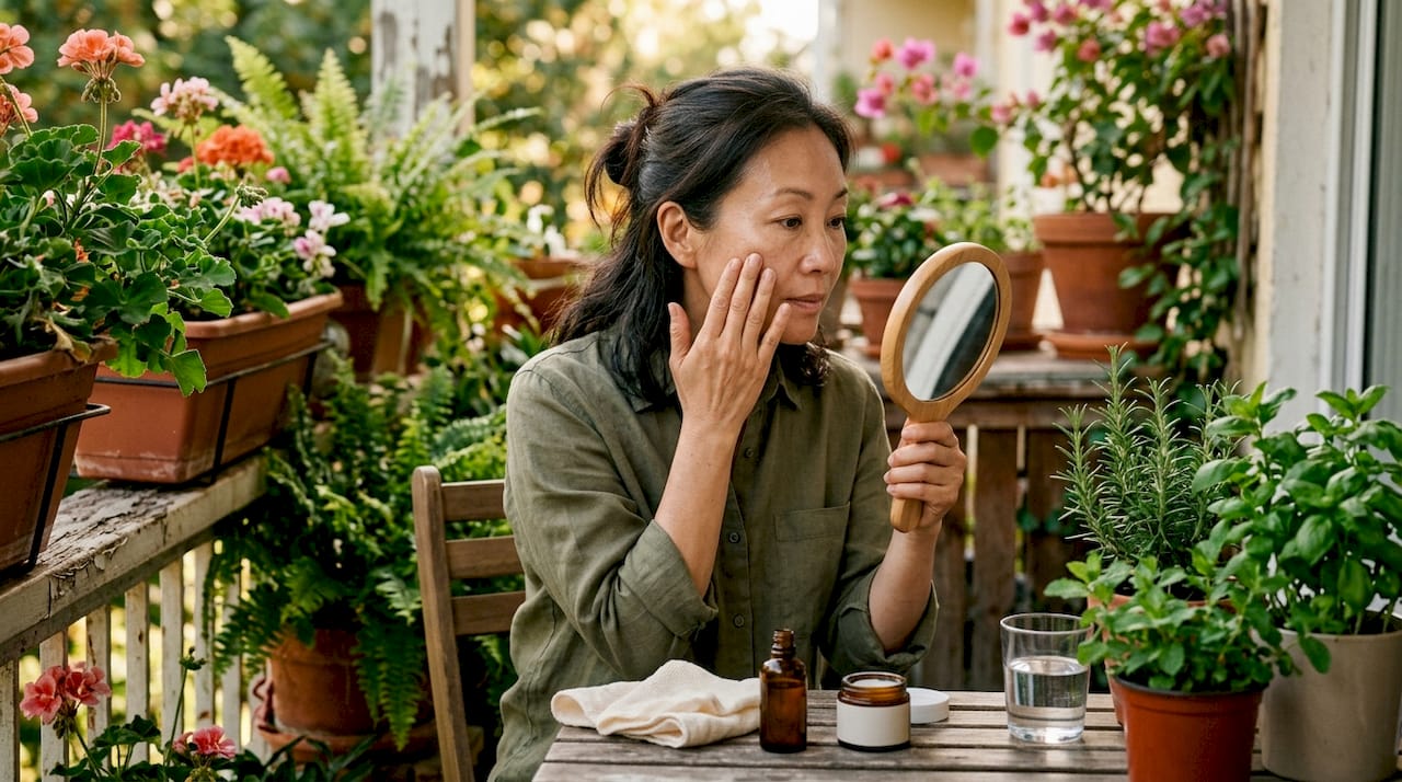 Woman gently exfoliating sensitive skin in bathroom