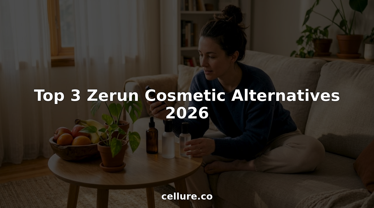 Woman comparing skincare product bottles at kitchen table
