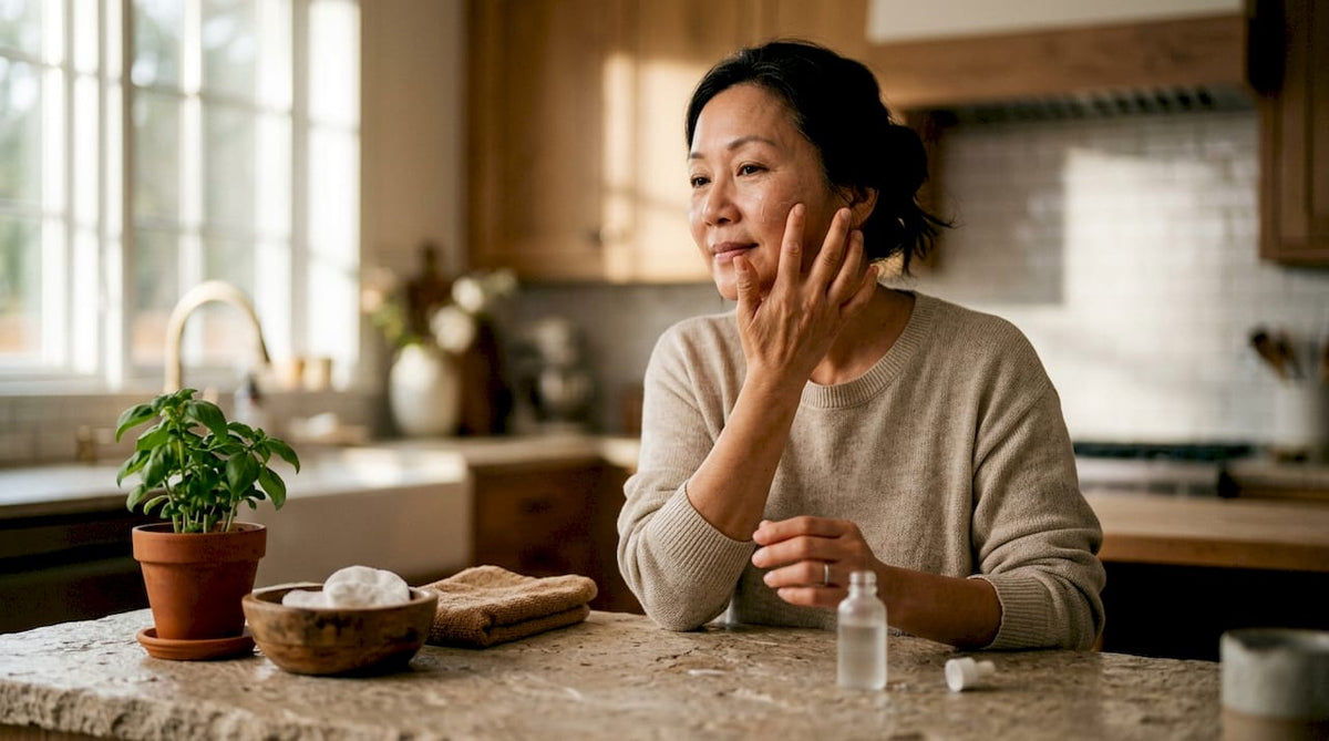 Woman applying skin plumping serum at vanity